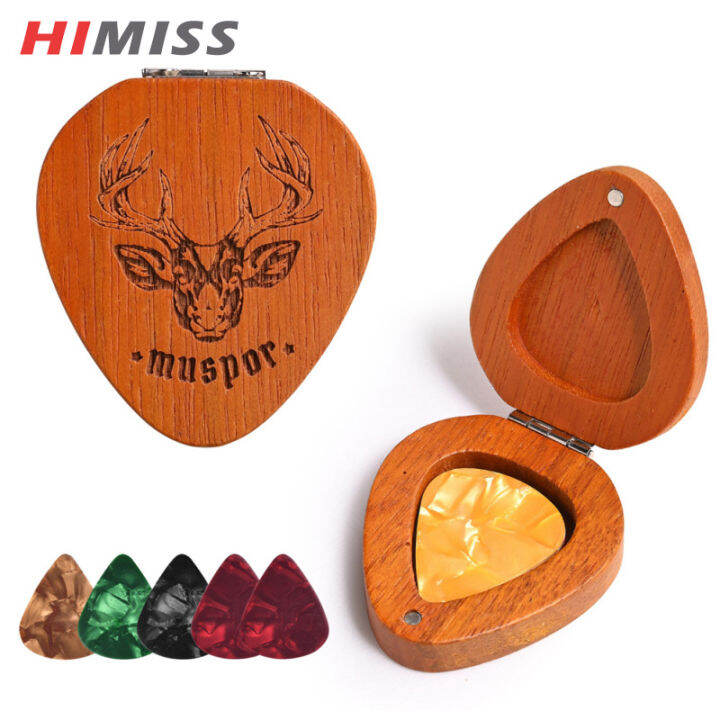 Wood Guitar Pick Holder PickShaped Guitar Storage Plectrum Container Display Case With 5 PCs