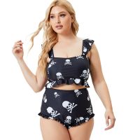 Print Skull Plus Size Bikini 2 Pieces Swimsuit Black Bathing Suit Off Shoulder Swimwear Women Sweet Biquini y Bikini 2022