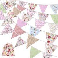 40Ft Fabric Bunting, 84Pcs Outdoor Bunting Banner,Floral Vintage Cotton Triple-Cornered Flag for Garden Birthday Party