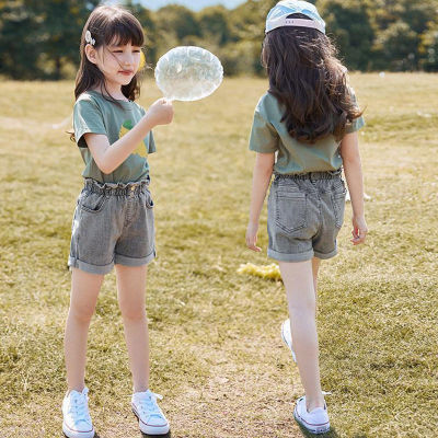 LS Show Teen Girls Jean Shorts Summer Short Sleeves T-shirt Cotton Tshirt Jean Shor Suit Age 3-14-year-old Kids 110-160cm