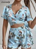 V-Neck Tie Flared Sleeve Shirt Printed Shorts Suit Chic Cropped Top Loose Bottom 2 Piece Set Summer Fashion Elegant Outfit