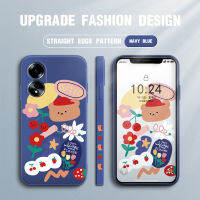 เคสโทรศัพท์สำหรับ OPPO A38 A18เคสโทรศัพท์ดีไซน์ลายการ์ตูนหมีสตอเบอร์รี่เชอร์รี่ลายขอบสี่เหลี่ยมปลอกซิลิโคนของเหลวเคสกล้องคลุมทั้งหมด