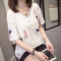 COD DSFDGDFFGHH [40-150KG] Girls Short-Sleeved V-Neck T-Shirt Genuine Korean Top Loose Large Size Clothing 100kg Fat MM Womens C836