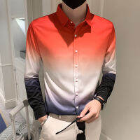 High-End Club Bar สวมเสื้อผู้ชายแฟชั่น Gradient สี Lapel Mens Slim เสื้อแขนยาวไม่ใช่เหล็กชายเกาหลี Clothes