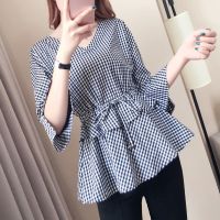 COD DSFERTRETRE Women blouse spring and autumn plaid V-neck three-quarter sleeves waist slimming blouse