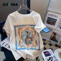 AOLINA 2023เสื้อยืดแขนสั้นพิมพ์ลายผ้าไหมแท้สำหรับผู้หญิง,เสื้อยืดเสื้อยืดคอกลมแฟชั่นใหม่ฤดูร้อน