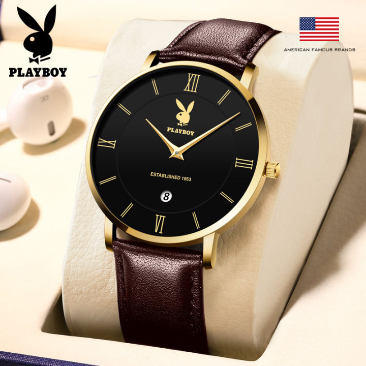 playboy-นาฬิกาผู้ชายบางพิเศษ-ของแท้100-นาฬิกาหนังแท้สองหน้าปัดเรียบง่ายกันน้ำพร้อมกล่องของขวัญ