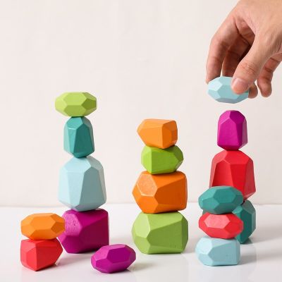 หินสีสันบล็อคก่อสร้างของเล่นเด็กขายดีของเล่นเพื่อการศึกษาสร้างสรรค์สไตล์นอร์ดิก Permainan Susun หินรุ้งของเล่นไม้