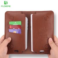 Universal 7" Inch Magnetic Folding Wallet Case For iPhone 12 11 Xiaomi Card Slots Retro Flip Cover Plain Color Holster Phone Bag