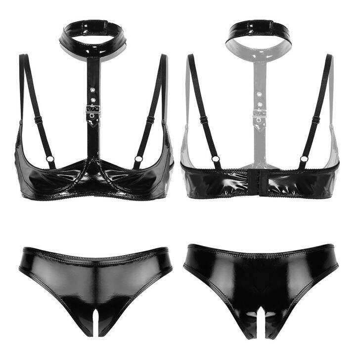 2pcs-women-wet-look-patent-leather-sexy-leotard-lingerie-set-open-cups-shelf-bra-top-with-open-crotch-high-cut-briefs-underwear