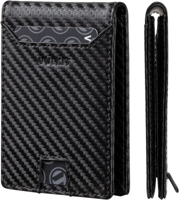VULKIT Mens Wallet - Classic Leather Card Wallet with Pull-tab Bi-fold- Slim Design RFID Blocking Front Card Wallet with Id Window Carbon Fiber Black
