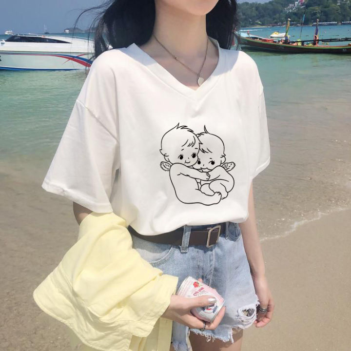 เสื้อยืดสำหรับผู้หญิงสไตล์เกาหลีเสื้อยืดพิมพ์ลายสีขาวคอตตอน100-เสื้อยืดเสื้อยืดผู้หญิงแฟชั่นคอวีแขนสั้นทรงหลวมใหม่