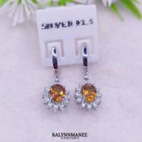 L6409 ต่างหูพลอยซิทรีนแท้ ( Citrine )  แบบอิงลิชล็อค ตัวเรือนเงินแท้ 925 ชุบทองคำขาว