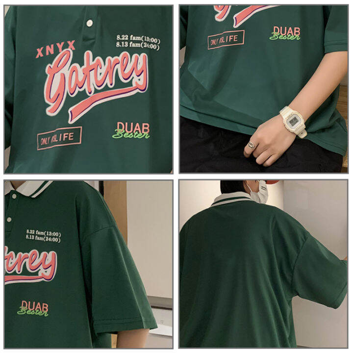 woma-เสื้อวินเทจ-แขนสั้นผู้ชายสไตล์เรโทร-เสื้อคอปกชายหลวม-เสื้อโปโลลำลอง