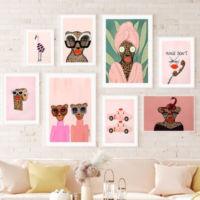 ลิปสติก Lash Spa Nordic โปสเตอร์และพิมพ์เสือดาวผู้หญิงสีชมพู Salon Wall Art ภาพวาดผ้าใบตกแต่งรูปภาพสำหรับห้องนั่งเล่น