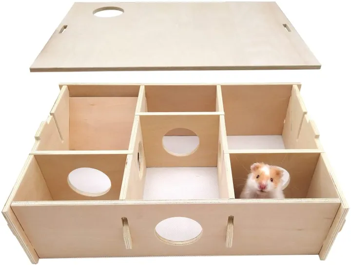 SL Small Animal Wood House Maze Tunnels Exploring Multi Chamber Hamster