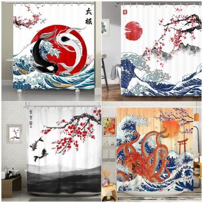 Japanese Style Shower Curtain Koi Fish Cherry Blossom Sun Sea Wave Octopus Landscape Polyester Fabric Curtains Bathroom Decor
