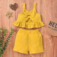 2 Pcs Newborn Ruffled Outfits Baby Girl Sleeveless Solid Color Boat Neck Spaghetti Strap Button Tank Top + Shorts  by Hs2023