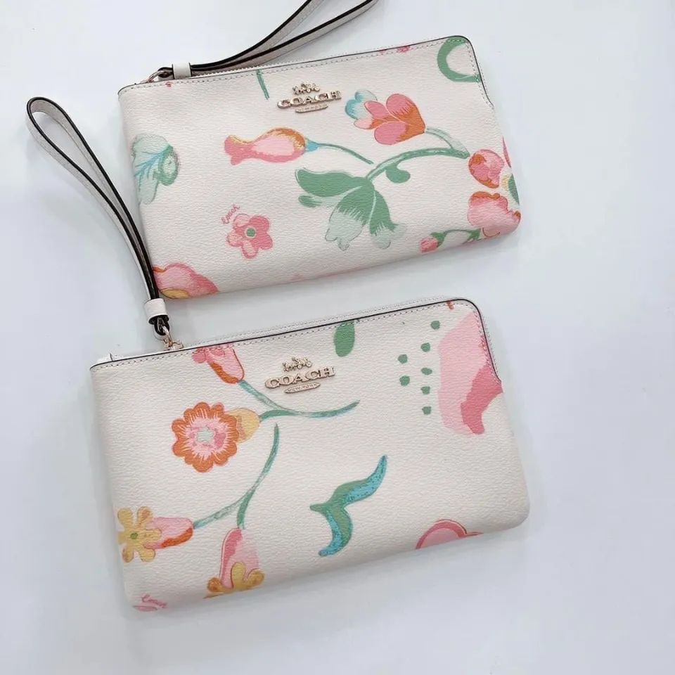 Coach Coated Canvas Floral Corner Zip Wristlet Bag Small Card Holder F39056