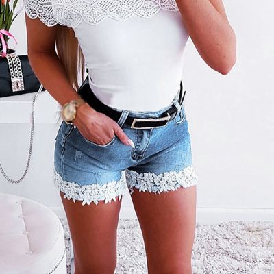 Denim Shorts Women High Waisted Slim Was Thin Elasticity Lace With Zipper Denim Shorts Jean Shorts For Womens Plus Size vaqueros