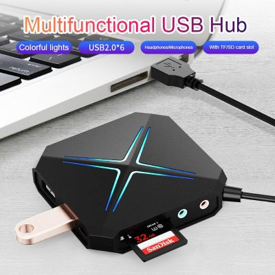 6 Port USB Hub 1m Cable Computer Splitter With TF SD Card Reader Mic AUX Cool Light Charging USB 2.0 3.0 Hab for PC USB Combo USB Hubs