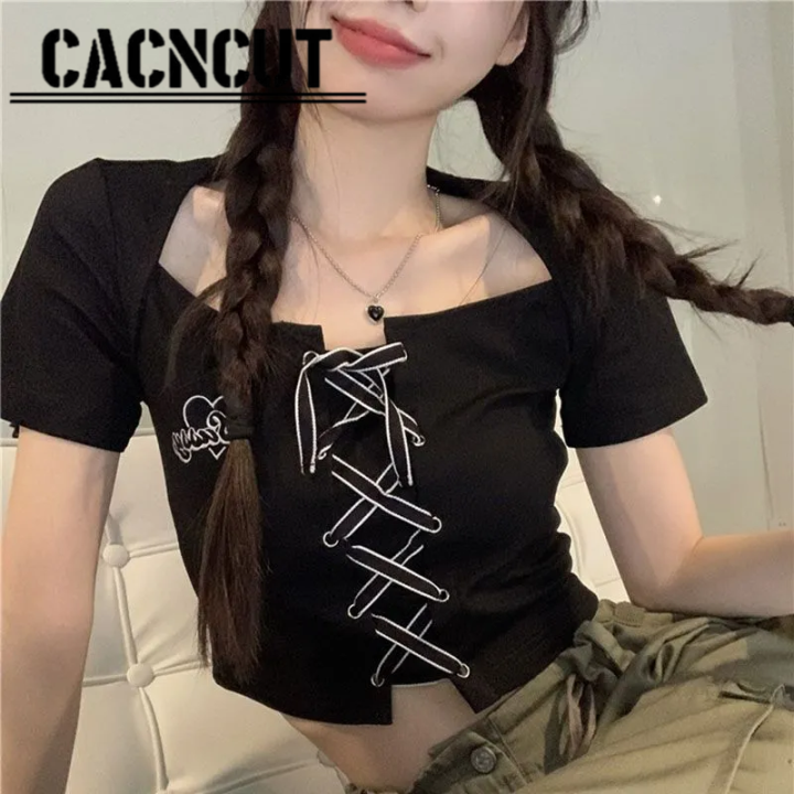 cacncut-เสื้อยืดคอกลมแขนสั้นสำหรับผู้หญิงเสื้อยืดเอวสูงไหล่ขวาทรงสลิมฟิตสีดำหวานแหววว