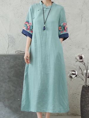 WhiteTime Literary retro loose large size  dress female high-end tea wear national wind disc buckle embroidery long skirt new 301T0551