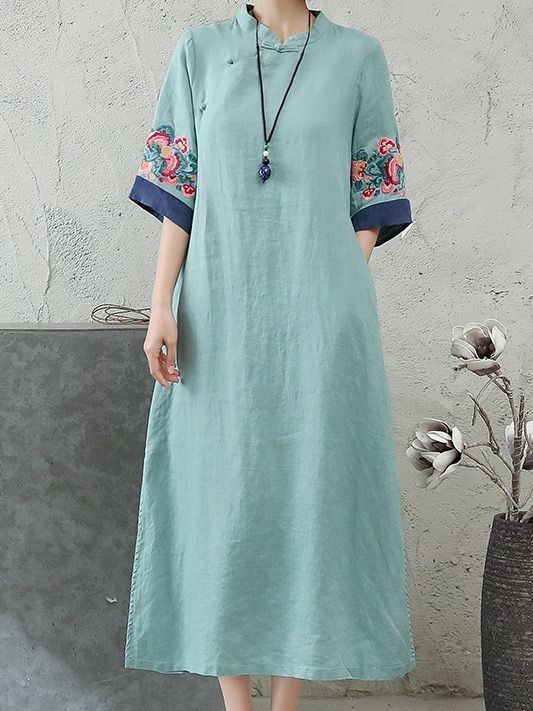 whitetime-literary-retro-loose-large-size-dress-female-high-end-tea-wear-national-wind-disc-buckle-embroidery-long-skirt-new-301t0551