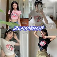 Zero shop?พร้อมส่ง? (Zero-52166) เสื้อครอปไหมพรม แขนสั้น คอกลม ดีเทลสายรูด2ข้าง