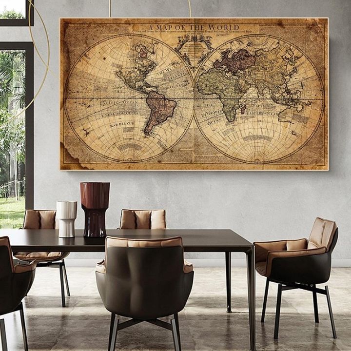 แผนที่ของโลก-retro-ภาพเก่าผ้าใบ-vintage-earth-ภาพวาดสำหรับห้องนั่งเล่นพิมพ์โปสเตอร์-home-office-study-wall-art-decor