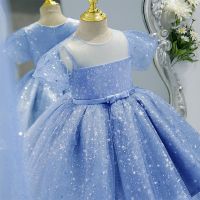 Sequin Starry Little Girls Princess Party Dresses Puff Sleeve Kids Birthday Wedding Evening Gown Elegant Children Ceremony Dress