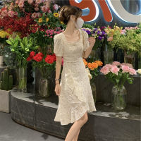 French Style Fishbone Floral Dress Womens Summer Niche Chic Stunning Waist Split High-Grade Puff Sleeve Dress