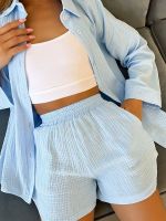 Solid Pleated Summer Womens Suit Casual Loose Long Sleeve Shorts Set 2023 Fashion Two Piece Set for Women Button Shorts Outfits