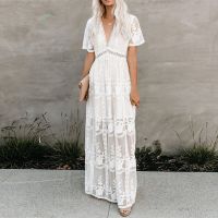 Jastie 2022 Summer Boho Women Maxi Dress Loose Embroidery White Lace long Tunic Beach Vacation Holiday Cloth