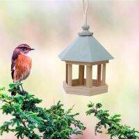 Wooden Hanging Bird Feeder Pavilion Shaped Outdoor Food Dispenser Decoration K1MF