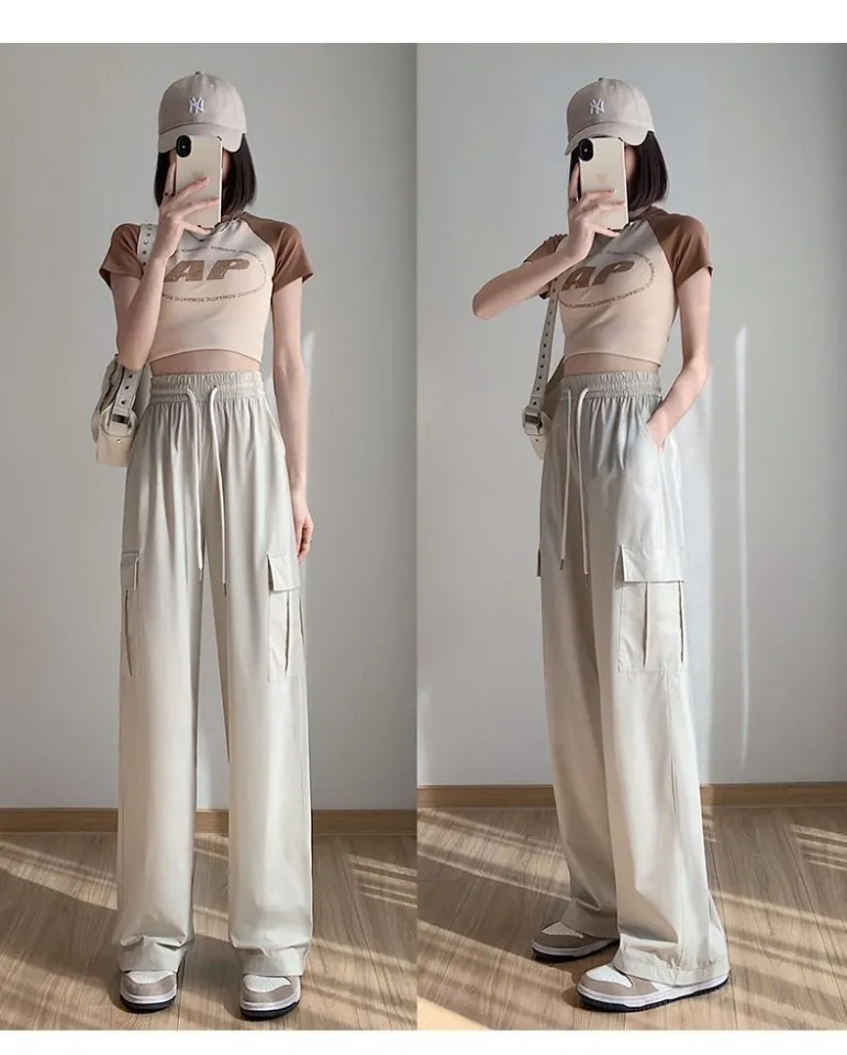 y2k American Cargo pants for girls women Korean style ice silk Quick drying  high waisted straight leg wide leg pants