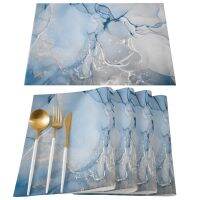 4/6pcs Placemats Set Blue Marble Texture Table Mats Cotton Linen Kitchen Accessories Home Decorative Coaster