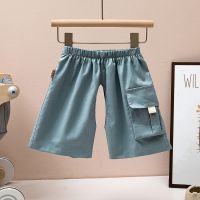 【Ready】? Babys pure cotton crotch shorts mid-pants mens and womens childrens thin denim five-point pants open in summer