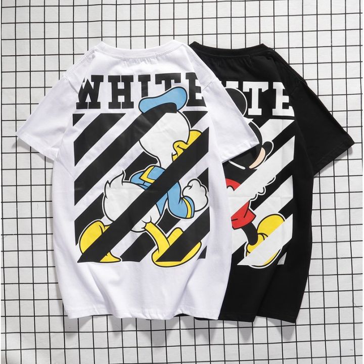 ❁OFF WHITE cartoon striped white black arrow print T-shirt men and women  O-neck short-sleeved cotton 