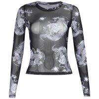 【HOT】❏□ 2021 Womens T-shirts Female See-through Print Sleeve Round Neck Mesh Pullover S/M/L