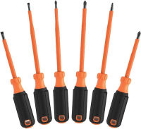 Klein Tools 85076INS Insulated Screwdriver Set features 1000V Screwdrivers, (3) Phillips and (2) Slotted and Square Tips, 6-Piece 6-Piece Set