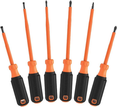 Klein Tools 85076INS Insulated Screwdriver Set features 1000V Screwdrivers, (3) Phillips and (2) Slotted and Square Tips, 6-Piece 6-Piece Set