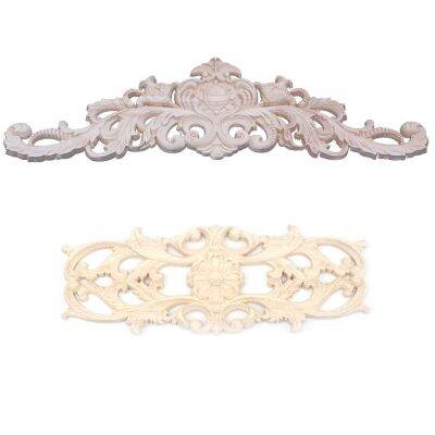 2 Pcs Exquisite Classic Rubber Wood Carved Applique Furniture Natural Decal Wood Color 40x12cm &amp; 22.5x8cm