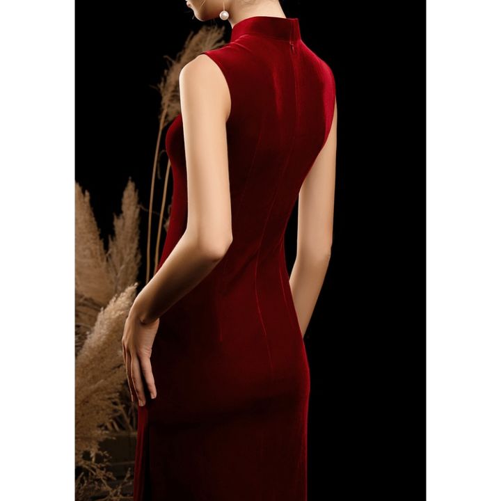 ชุดเดรสสำหรับงานเลี้ยงเจ้าสาวปรับปรุงสีแดงไวน์-qipao-ความชื่นชมชุดเดรสเซเลปงานเลี้ยง-yy214สาว