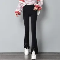 Split Flared Pants Womens High Waist Slimming Small Outerwear Ninth Bottoming Winter Velvet Bow Flared Trousers