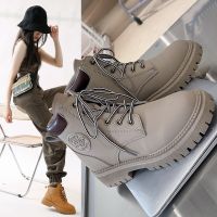 CODMing Chi Womens Mid Calf Boots Fashion Suede Mid Heel Round Toe Motorcycle Martin Boots Ladies Yellow Shoes