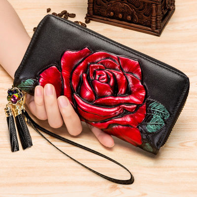 flroal genuine leather purse women long women wallets large capacity womens leather wallets double zipper clutch purses