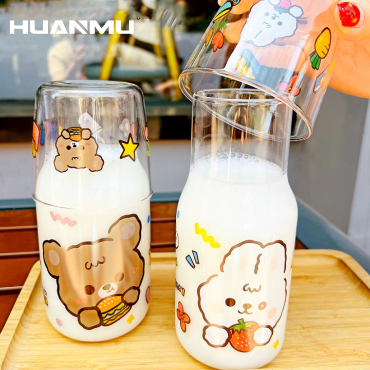 Cartoon Cow Clear Glass Water Carafe Cute Household Glass Milk Pitcher and  Cup Set 