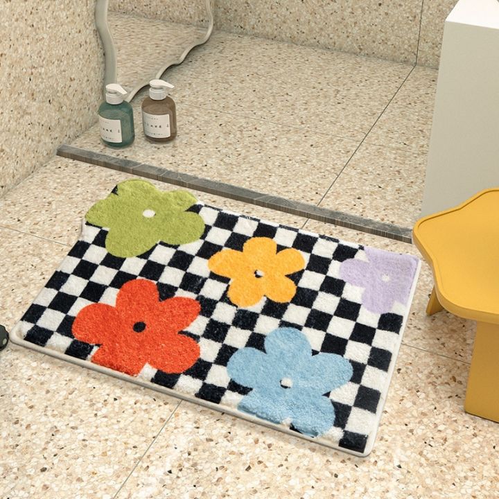 cute-flower-bath-mats-soft-plush-checkerboard-shower-room-floor-carpets-non-slip-kids-bathroom-absorb-rugs-tapis-salle-de-bain