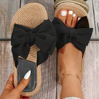 Summer Bohemia Slippers Women Flat Linen Sole Bowknot Slippers Casual Female Flip Flops Non-slip Sandals Outdoor Beach Sandals